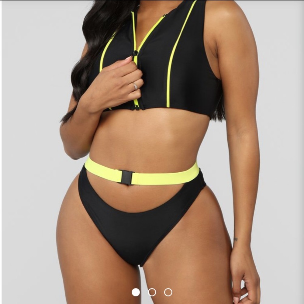 Neon yellow and black zip up 2 piece bathing suit